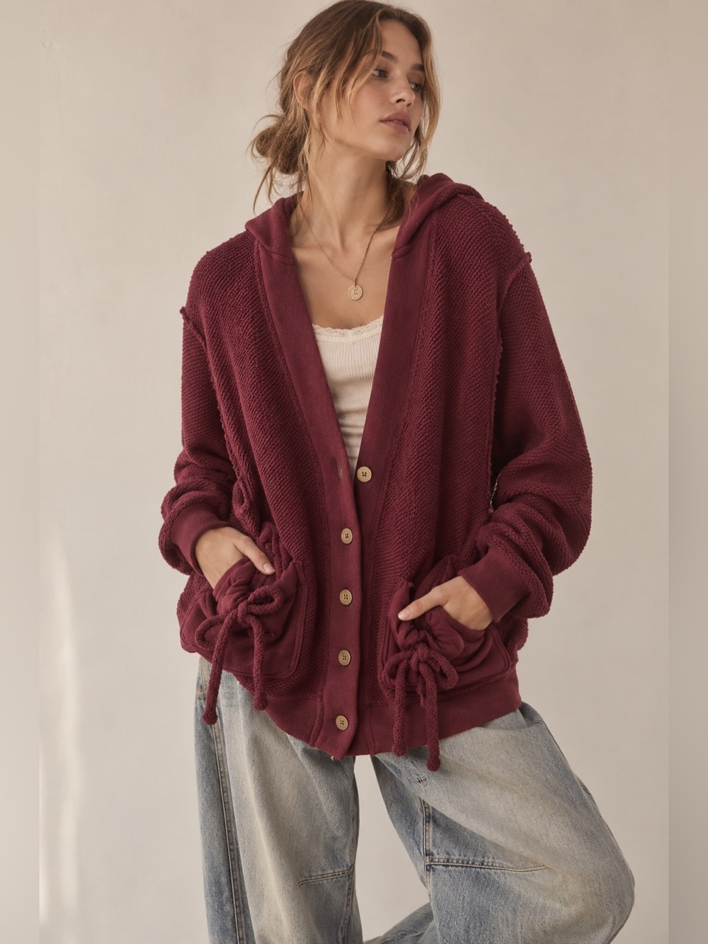 Free People Hooded Oversized Button-Front Cotton Teddy Jacket in Wine